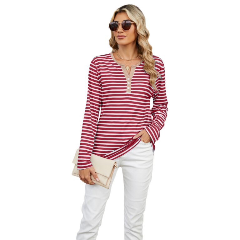 Women's V-neck Striped Loose Long-sleeved T-shirt - Image 8